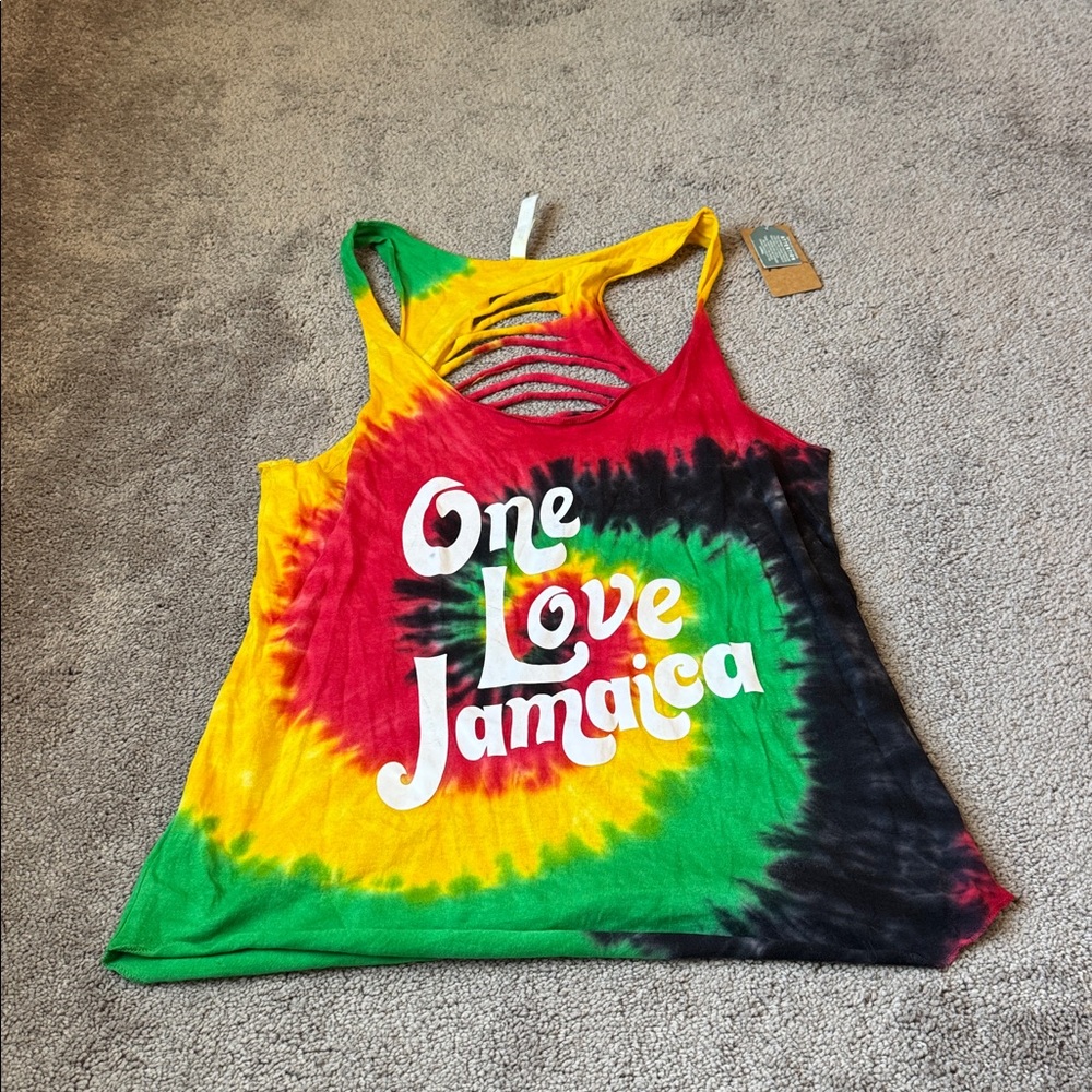 TBL One Love Jamaica Tie Dye Tank Top Rasta Colors Cutout Back Festival SIZE M